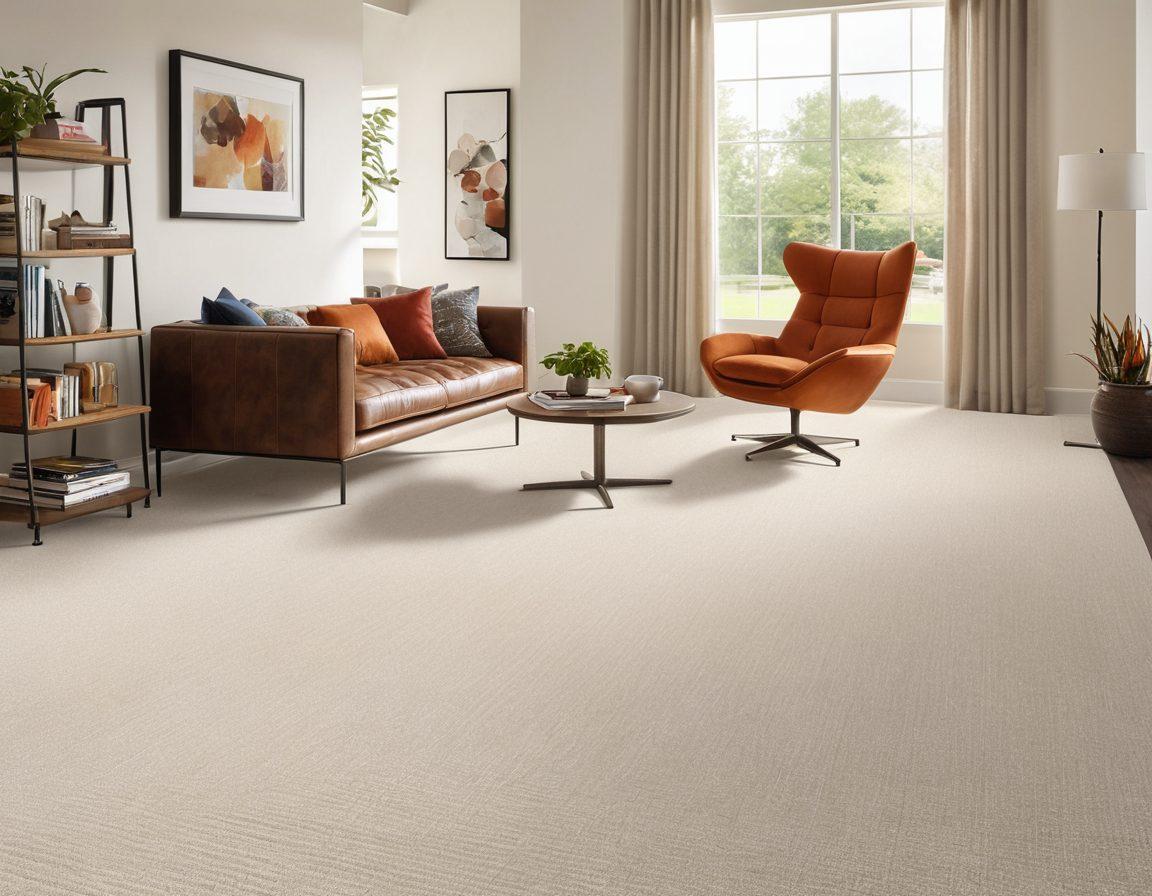 A beautifully designed interior space showcasing diverse flooring options, including luxurious carpets, elegant hardwood, and stylish laminate, arranged seamlessly. Add vibrant color swatches and texture samples spread out next to a serene reading chair. Include modern furniture to highlight the versatility of Mohawk flooring. super-realistic. vibrant colors. white background.