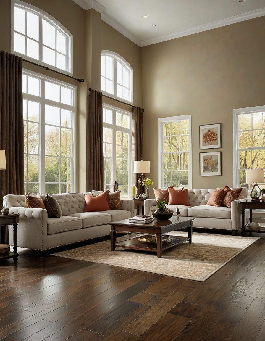 An elegantly designed upscale living room showcasing pristine Mohawk hardwood flooring and stylish tile accents. The scene is illuminated by warm, natural light from large windows, highlighting the durability and sophisticated style of the materials. Include tasteful furniture arrangements and subtle decor elements to enhance the luxurious ambiance. super-realistic. vibrant colors.