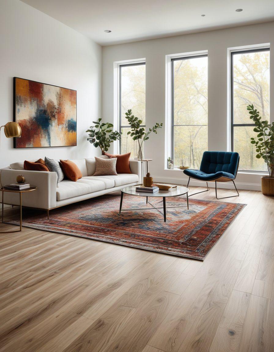 A luxurious living room showcasing a seamless blend of luxury vinyl flooring and eco-friendly wood planks. The room has large, bright windows, modern furniture, and a stylish rug. Insert installation tools like a measuring tape and spacers subtly in the background. Highlight the texture and quality of the flooring materials. super-realistic. vibrant colors. white background.